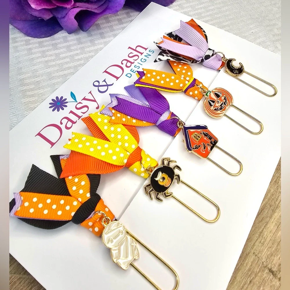 Set of 5 Halloween Ribbon Paperclip Bookmarks with Charms